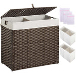 Greenstell Laundry Hamper with lid, No Install Needed, 90L/110L/130L Wicker Laundry Baskets Foldable 2 Removable Liner Bags, 2 Section Clothes Hamper Handwoven Rattan Laundry Basket with Handles