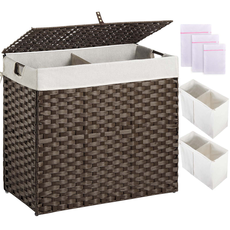 Greenstell Laundry Hamper with lid, No Install Needed, 90L/110L/130L Wicker Laundry Baskets Foldable 2 Removable Liner Bags, 2 Section Clothes Hamper Handwoven Rattan Laundry Basket with Handles