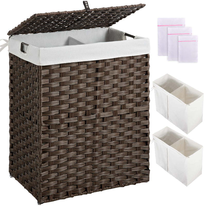 Greenstell Laundry Hamper with lid, No Install Needed, 90L/110L/130L Wicker Laundry Baskets Foldable 2 Removable Liner Bags, 2 Section Clothes Hamper Handwoven Rattan Laundry Basket with Handles