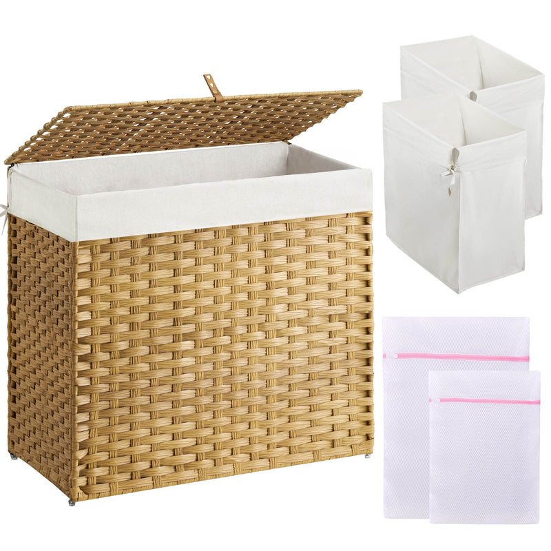GREENSTELL Laundry Hamper with Lid, 60L/90L/125L Clothes Hamper with 2 Removable Liner Bags & 2 Mesh Laundry Bags, Handwoven Synthetic Rattan Laundry Basket for Clothes, Toys in Bathroom, Bedroom