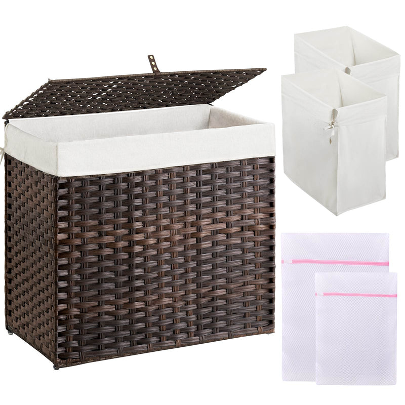 GREENSTELL Laundry Hamper with Lid, 60L/90L/125L Clothes Hamper with 2 Removable Liner Bags & 2 Mesh Laundry Bags, Handwoven Synthetic Rattan Laundry Basket for Clothes, Toys in Bathroom, Bedroom