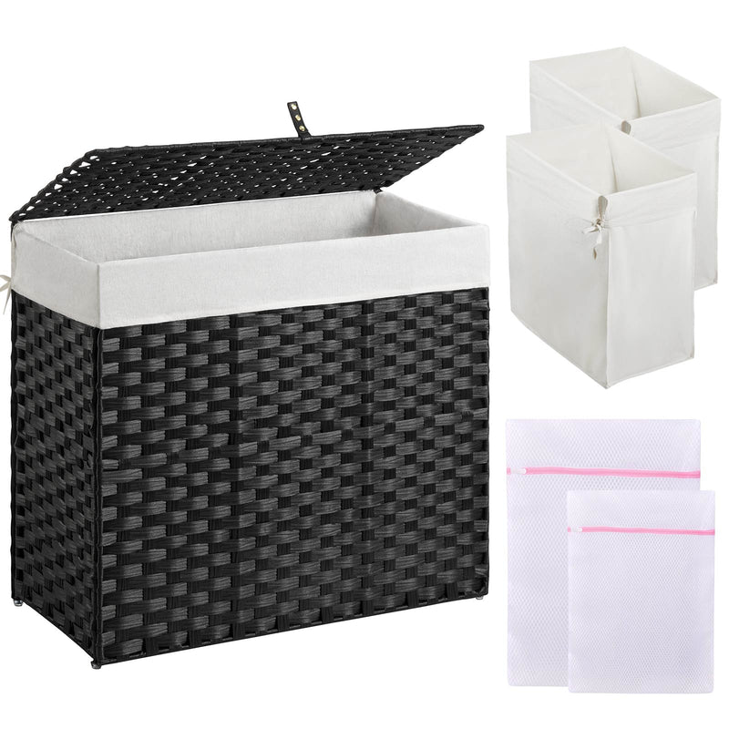 GREENSTELL Laundry Hamper with Lid, 60L/90L/125L Clothes Hamper with 2 Removable Liner Bags & 2 Mesh Laundry Bags, Handwoven Synthetic Rattan Laundry Basket for Clothes, Toys in Bathroom, Bedroom