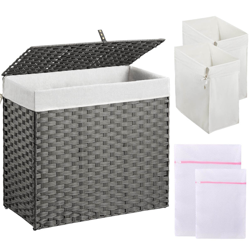 GREENSTELL Laundry Hamper with Lid, 60L/90L/125L Clothes Hamper with 2 Removable Liner Bags & 2 Mesh Laundry Bags, Handwoven Synthetic Rattan Laundry Basket for Clothes, Toys in Bathroom, Bedroom