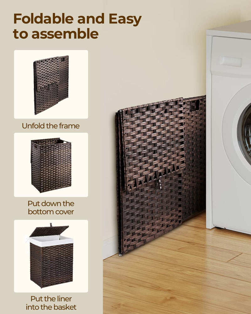 Greenstell Laundry Hamper with Lid, 90L Clothes Hamper with 2 Removable Liner Bags & 2 Mesh Laundry Bags, Handwoven Synthetic Rattan Laundry Basket for Clothes, Toys in Bathroom, Bedroom Brown