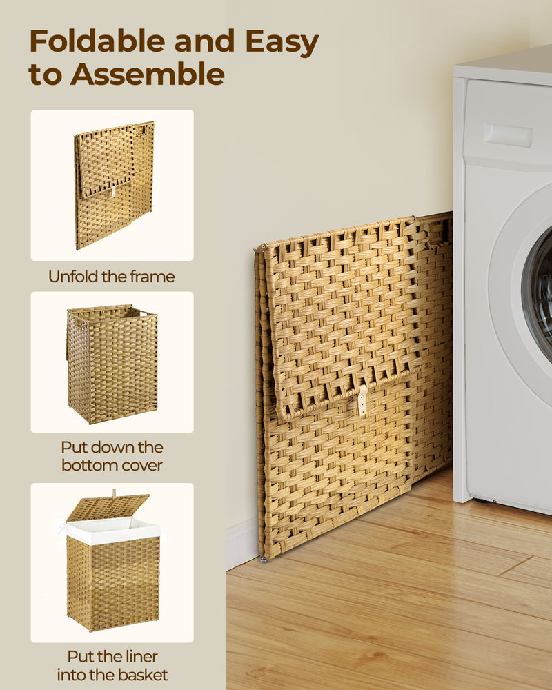 GREENSTELL Laundry Hamper with Lid, 60L/90L/125L Clothes Hamper with 2 Removable Liner Bags & 2 Mesh Laundry Bags, Handwoven Synthetic Rattan Laundry Basket for Clothes, Toys in Bathroom, Bedroom