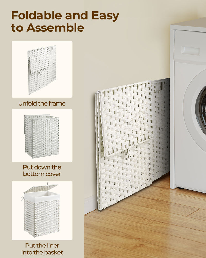 Greenstell Laundry Hamper with Lid, 90L Clothes Hamper with 2 Removable Liner Bags & 2 Mesh Laundry Bags, Handwoven Synthetic Rattan Laundry Basket for Clothes, Toys in Bathroom, Bedroom White