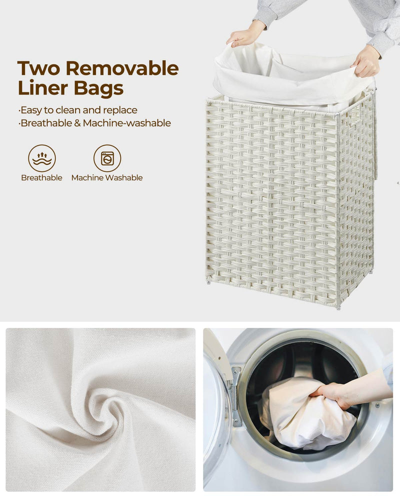 Greenstell Laundry Hamper with Lid, 90L Clothes Hamper with 2 Removable Liner Bags & 2 Mesh Laundry Bags, Handwoven Synthetic Rattan Laundry Basket for Clothes, Toys in Bathroom, Bedroom White