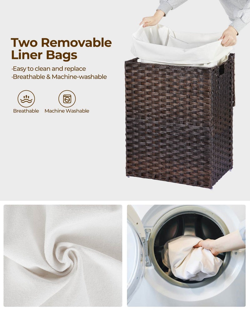 Greenstell Laundry Hamper with Lid, 90L Clothes Hamper with 2 Removable Liner Bags & 2 Mesh Laundry Bags, Handwoven Synthetic Rattan Laundry Basket for Clothes, Toys in Bathroom, Bedroom Brown