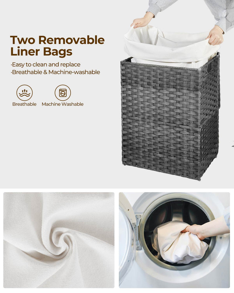 Greenstell Laundry Hamper with Lid, 90L Clothes Hamper with 2 Removable Liner Bags & 2 Mesh Laundry Bags, Handwoven Synthetic Rattan Laundry Basket for Clothes, Toys in Bathroom, Bedroom Grey
