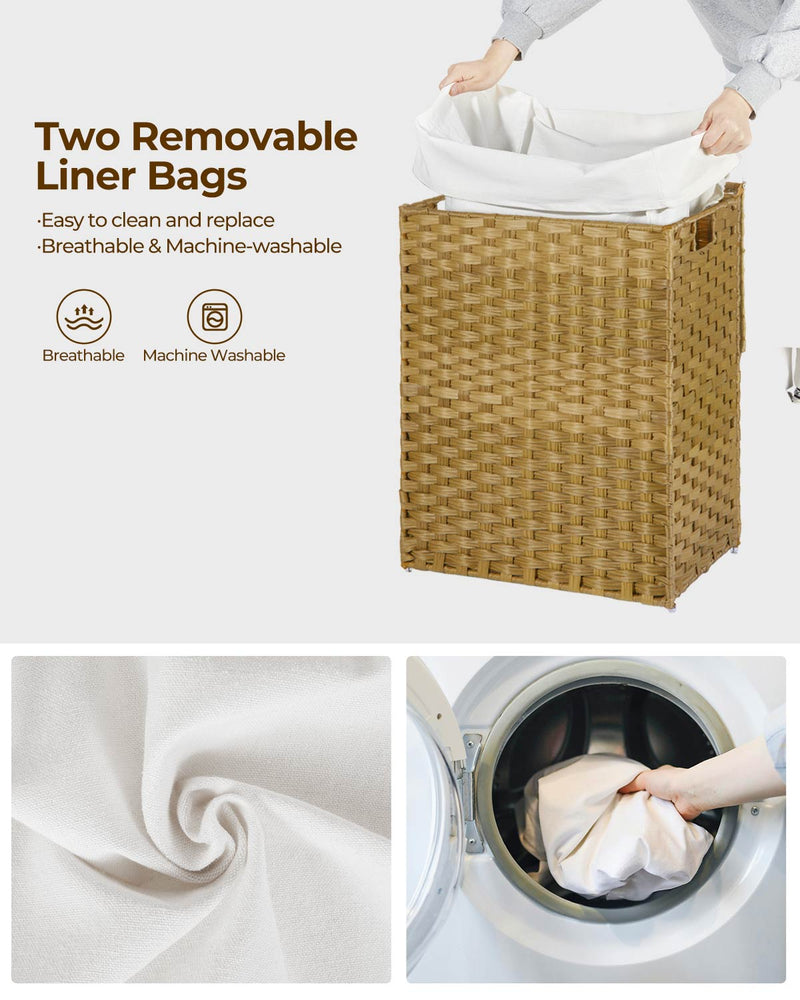 GREENSTELL Laundry Hamper with Lid, 60L/90L/125L Clothes Hamper with 2 Removable Liner Bags & 2 Mesh Laundry Bags, Handwoven Synthetic Rattan Laundry Basket for Clothes, Toys in Bathroom, Bedroom