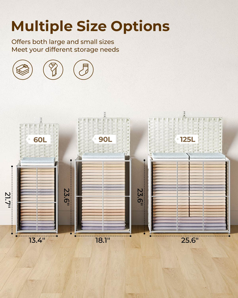 Greenstell Laundry Hamper with Lid, 90L Clothes Hamper with 2 Removable Liner Bags & 2 Mesh Laundry Bags, Handwoven Synthetic Rattan Laundry Basket for Clothes, Toys in Bathroom, Bedroom White