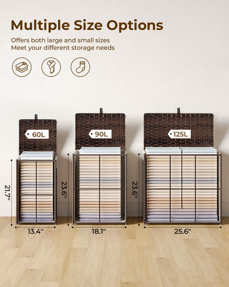 Greenstell Laundry Hamper with Lid, 90L Clothes Hamper with 2 Removable Liner Bags & 2 Mesh Laundry Bags, Handwoven Synthetic Rattan Laundry Basket for Clothes, Toys in Bathroom, Bedroom Brown