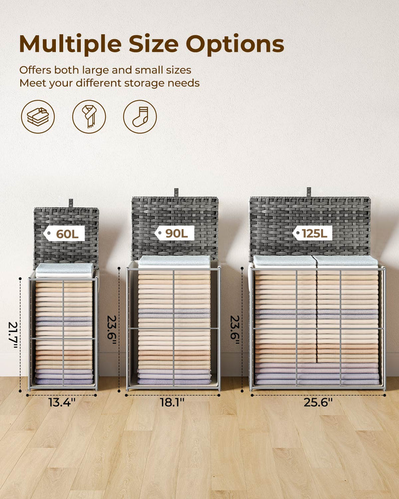 Greenstell Laundry Hamper with Lid, 90L Clothes Hamper with 2 Removable Liner Bags & 2 Mesh Laundry Bags, Handwoven Synthetic Rattan Laundry Basket for Clothes, Toys in Bathroom, Bedroom Grey