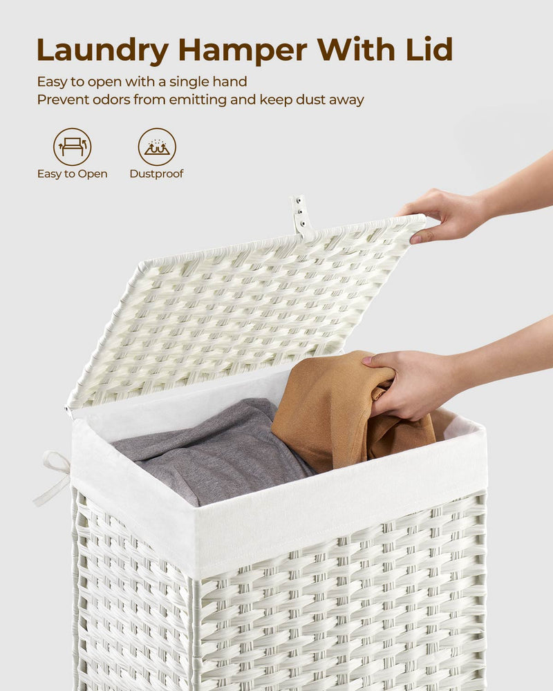Greenstell Laundry Hamper with Lid, 90L Clothes Hamper with 2 Removable Liner Bags & 2 Mesh Laundry Bags, Handwoven Synthetic Rattan Laundry Basket for Clothes, Toys in Bathroom, Bedroom White