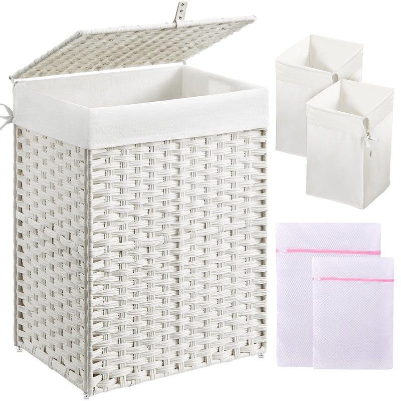 GREENSTELL Laundry Hamper with Lid, 60L/90L/125L Clothes Hamper with 2 Removable Liner Bags & 2 Mesh Laundry Bags, Handwoven Synthetic Rattan Laundry Basket for Clothes, Toys in Bathroom, Bedroom