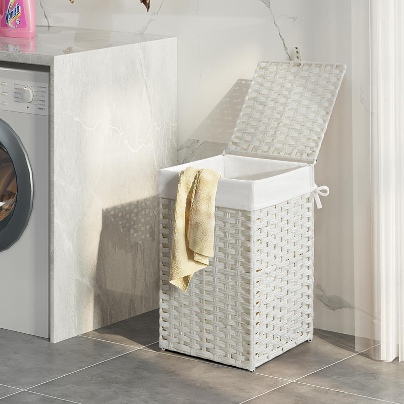 Greenstell Laundry Hamper with Lid, 60L Clothes Hamper with 2 Removable Liner Bags & 2 Mesh Bags, Handwoven Synthetic Rattan Basket, Toys in Bathroom, Bedroom White