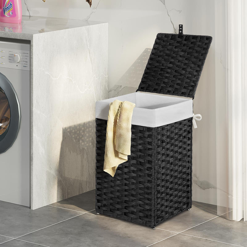 Greenstell Laundry Hamper with Lid, 60L Clothes Hamper with 2 Removable Liner Bags & 2 Mesh Bags, Handwoven Synthetic Rattan Basket, Toys in Bathroom, Bedroom Black