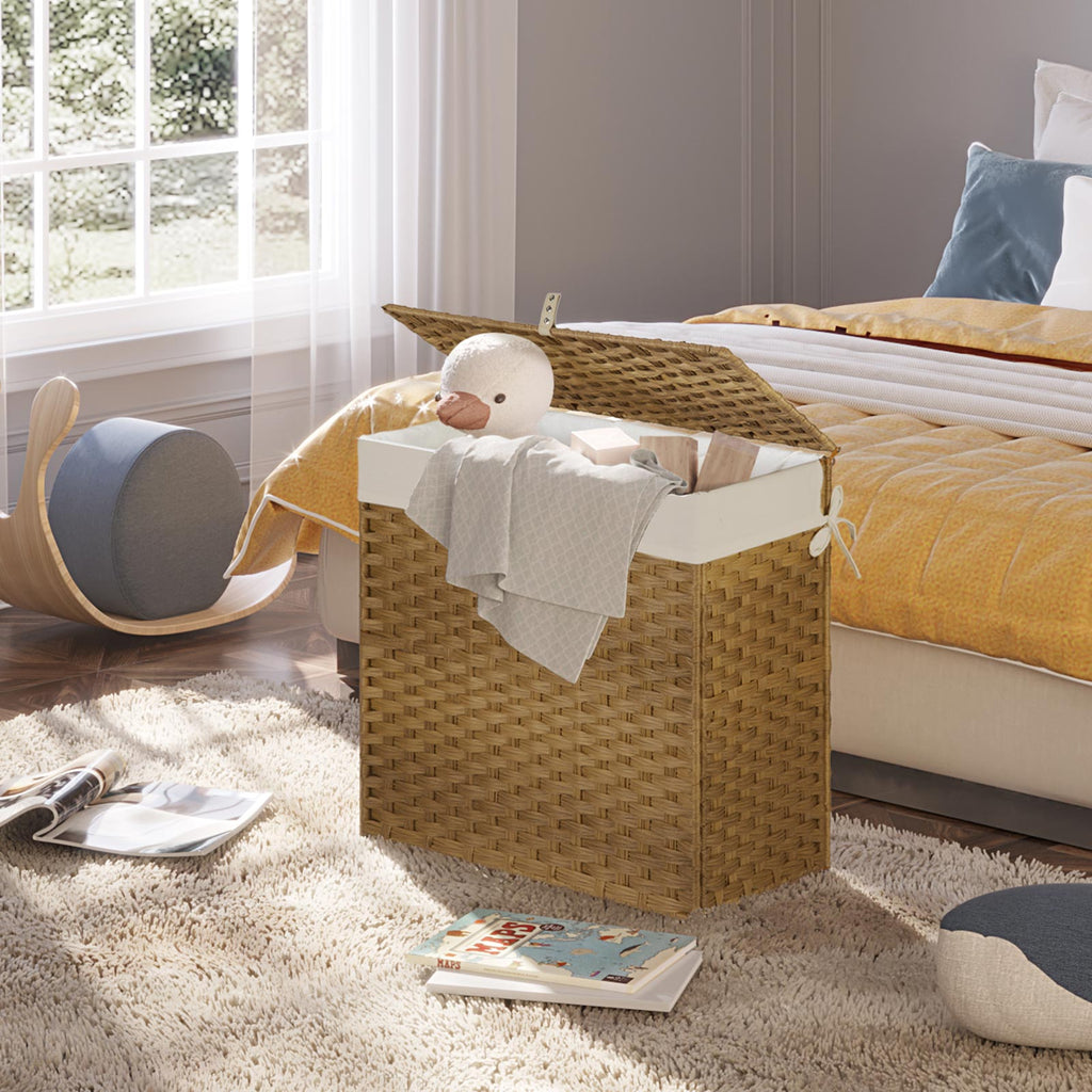 Greenstell Laundry Hamper with Lid, 125L Large Clothes Hamper with 3 Section & 2 Section Removable Liner Bags & 5 Mesh Laundry Bags, Handwoven Synthetic Rattan Divided Laundry Basket