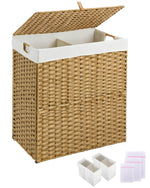 Greenstell Laundry Hamper with lid, No Install Needed, 110L Wicker Laundry Baskets Foldable 2 Removable Liner Bags, 2 Section Clothes Hamper Handwoven Rattan Laundry Basket with Handles, Natural