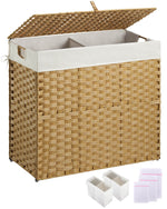 Greenstell Laundry Hamper with lid, No Install Needed, 130L Wicker Laundry Baskets Foldable 2 Removable Liner Bags, 2 Section Clothes Hamper Handwoven Rattan Laundry Basket with Handles, Natural