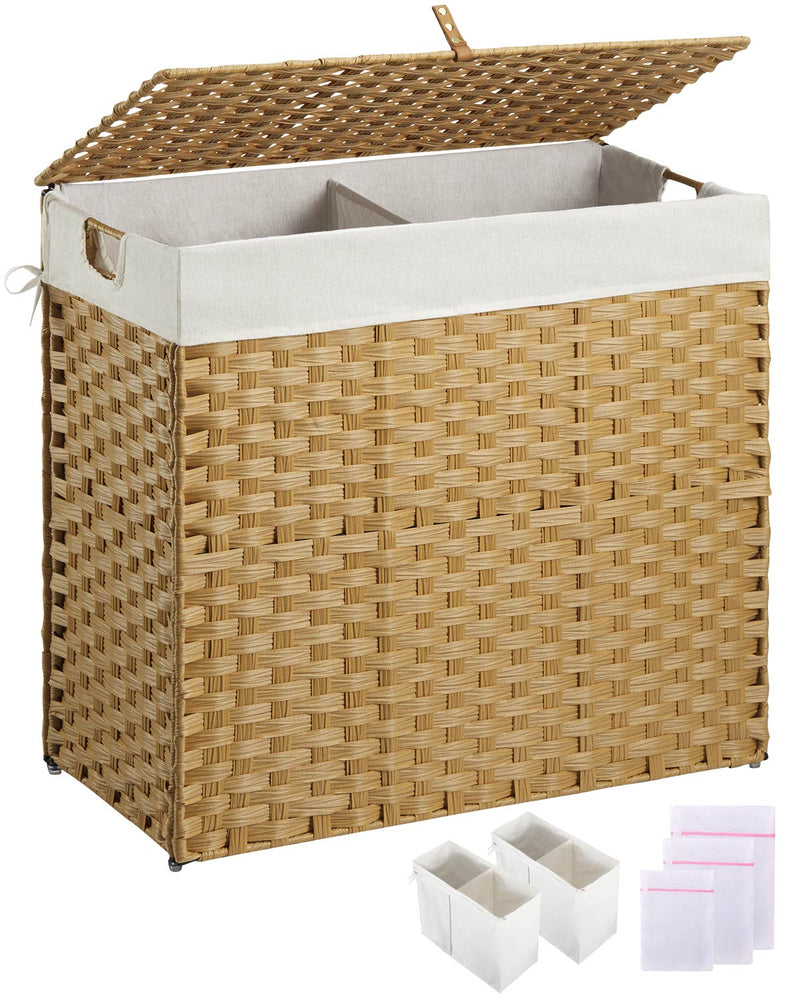 Greenstell Laundry Hamper with lid, No Install Needed, 130L Wicker Laundry Baskets Foldable 2 Removable Liner Bags, 2 Section Clothes Hamper Handwoven Rattan Laundry Basket with Handles, Natural