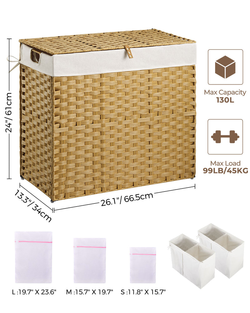 Greenstell Laundry Hamper with lid, No Install Needed, 130L Wicker Laundry Baskets Foldable 2 Removable Liner Bags, 2 Section Clothes Hamper Handwoven Rattan Laundry Basket with Handles, Natural