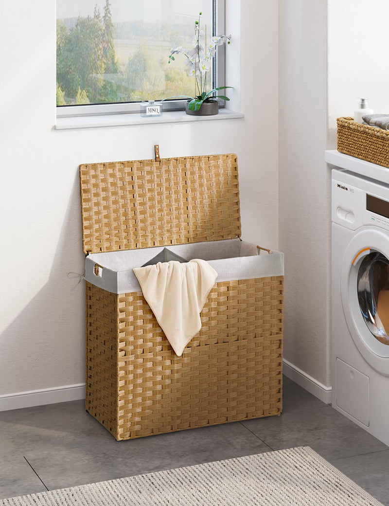 Greenstell Laundry Hamper with lid, No Install Needed, 130L Wicker Laundry Baskets Foldable 2 Removable Liner Bags, 2 Section Clothes Hamper Handwoven Rattan Laundry Basket with Handles, Natural