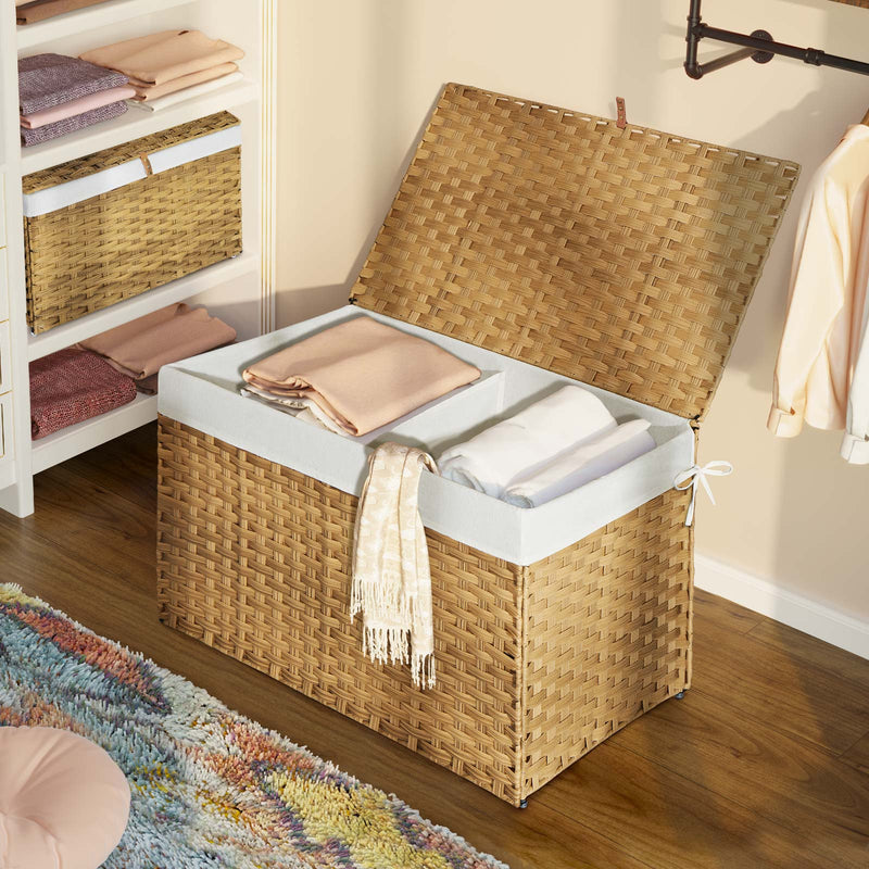 GREENSTELL Storage Basket with Lid, 42.3 Gallon(160L) Lagre Wicker Blanket Storage Basket with Handles, Foldable, 2 Removable Liner Bags, Metal Frame, for Bedroom, Laundry Room, Natural, 30"*18.1"*18.1"