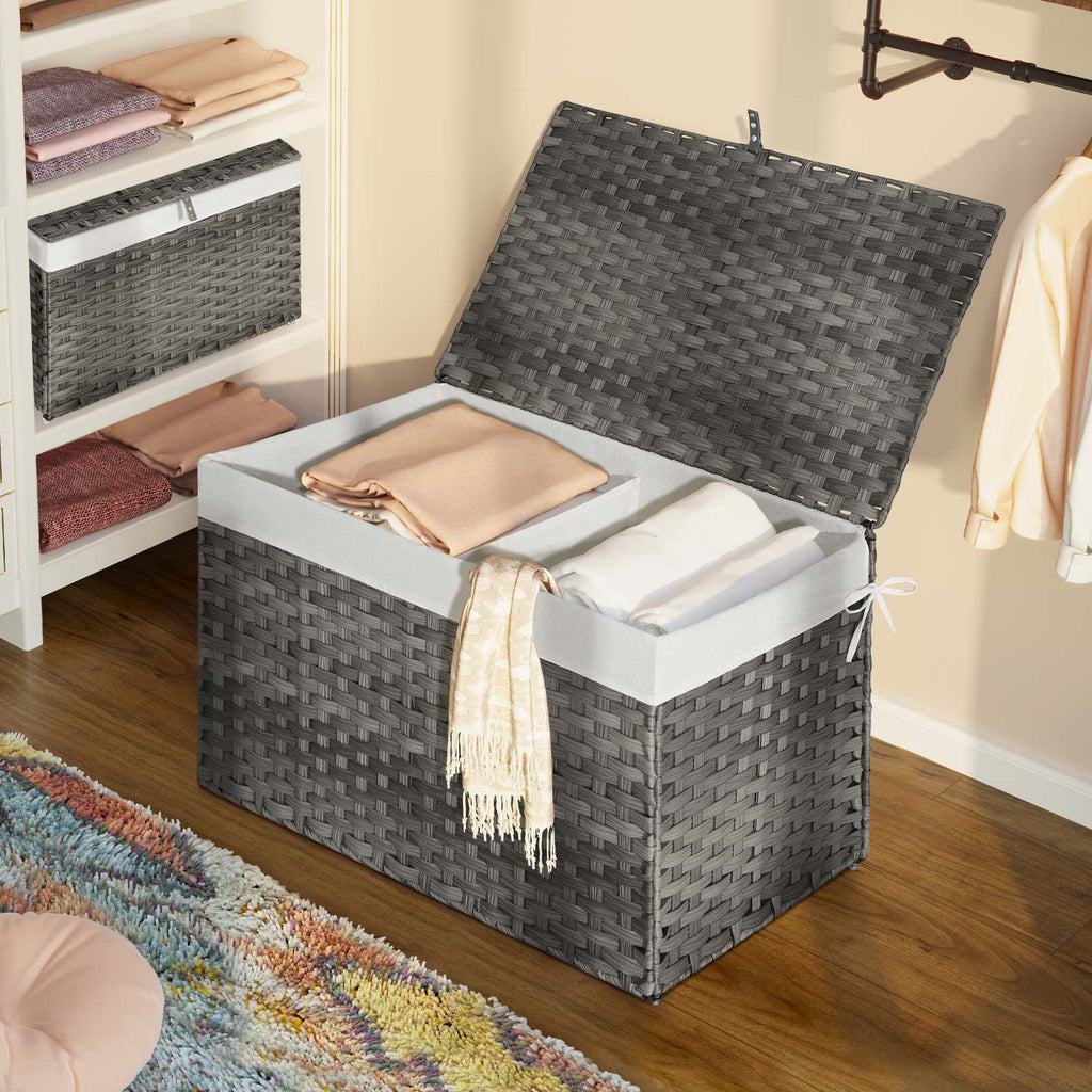 GREENSTELL Storage Basket with Lid, 42.3 Gallon(160L) Lagre Wicker Blanket Storage Basket with Handles, Foldable, 2 Removable Liner Bags, Metal Frame, for Bedroom, Laundry Room, Grey,30"*18.1"*18.1"