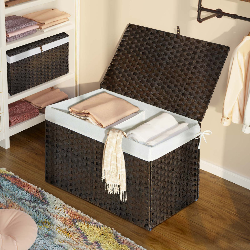 GREENSTELL Storage Basket with Lid, 42.3 Gallon(160L) Lagre Wicker Blanket Storage Basket with Handles, Foldable, 2 Removable Liner Bags, Metal Frame, for Bedroom, Laundry Room, Brown,30"*18.1"*18.1"