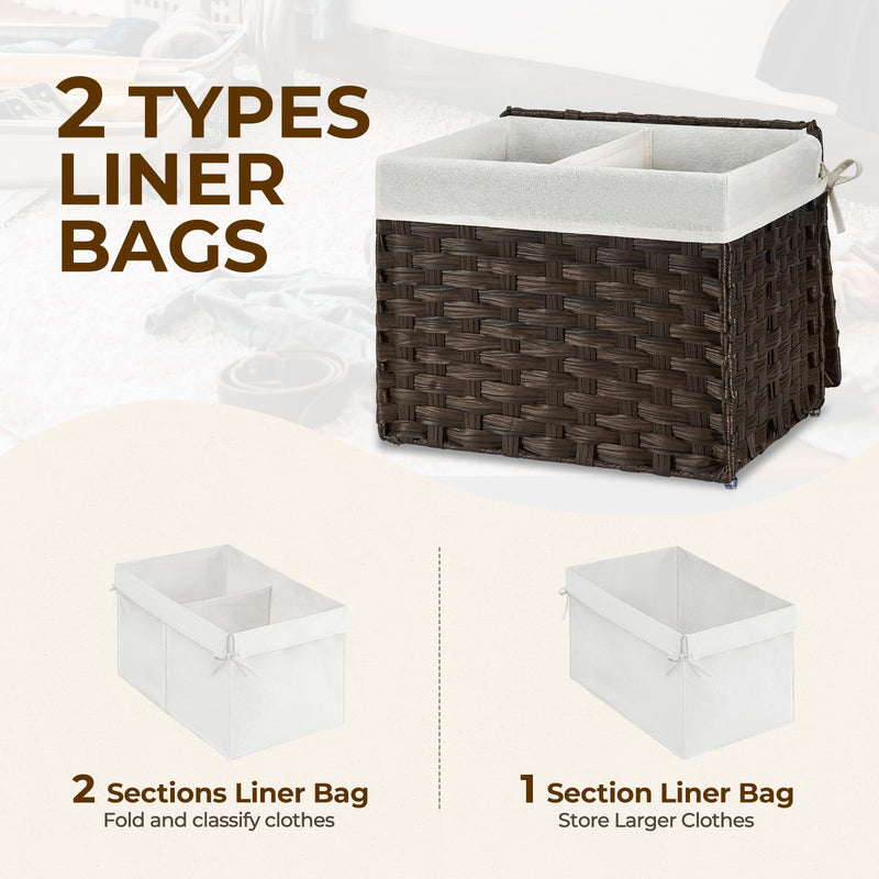 GREENSTELL Storage Basket with Lid, 9.2 Gallon(35L) Small Wicker Storage Basket with Handles, Foldable, 2 Removable Liner Bags, Metal Frame, for Bedroom, Laundry Room, Brown,15.7"*11.8"*11.8"
