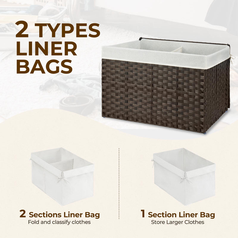 GREENSTELL Storage Basket with Lid, 42.3 Gallon(160L) Lagre Wicker Blanket Storage Basket with Handles, Foldable, 2 Removable Liner Bags, Metal Frame, for Bedroom, Laundry Room, Brown,30"*18.1"*18.1"