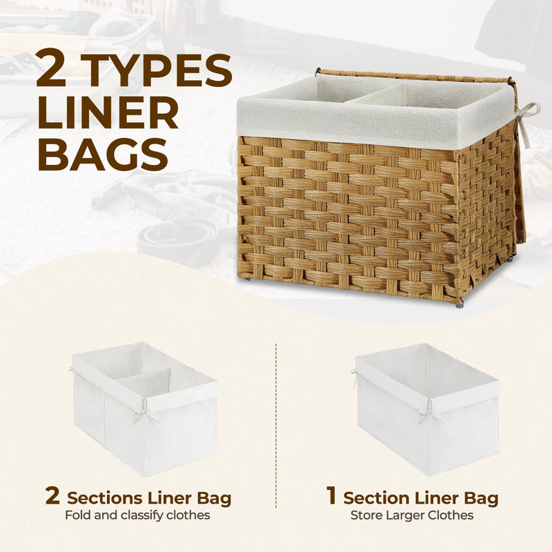 GREENSTELL Storage Basket with Lid, 9.2 Gallon(35L) Small Wicker Storage Basket with Handles, Foldable, 2 Removable Liner Bags, Metal Frame, for Bedroom, Laundry Room, Natural,15.7"*11.8"*11.8"