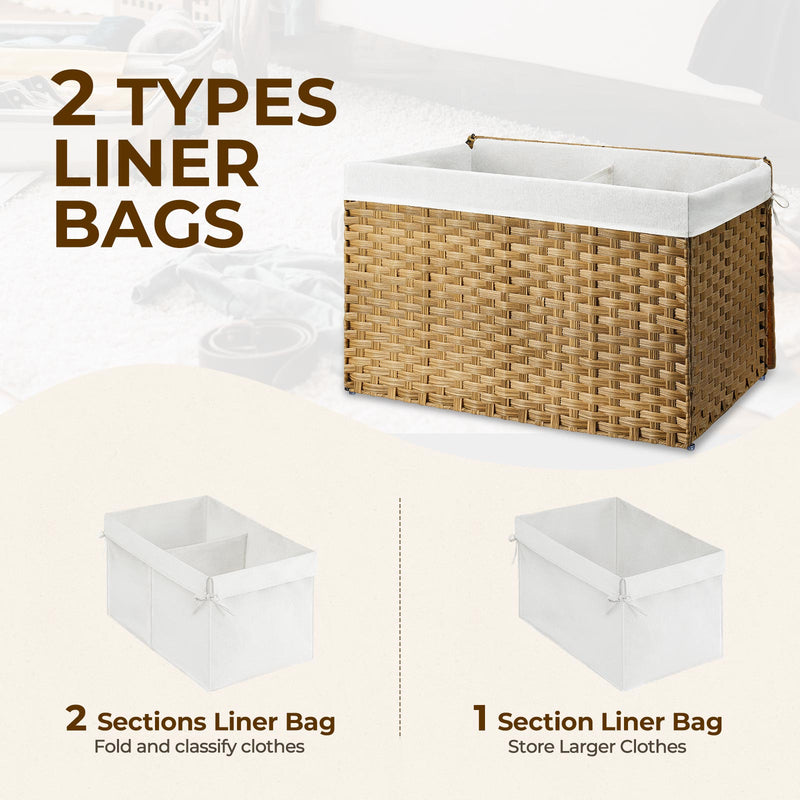 GREENSTELL Storage Basket with Lid, 42.3 Gallon(160L) Lagre Wicker Blanket Storage Basket with Handles, Foldable, 2 Removable Liner Bags, Metal Frame, for Bedroom, Laundry Room, Natural, 30"*18.1"*18.1"