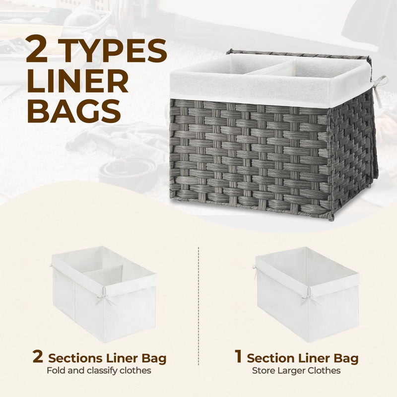 GREENSTELL Storage Basket with Lid, 9.2 Gallon(35L) Small Wicker Storage Basket with Handles, Foldable, 2 Removable Liner Bags, Metal Frame, for Bedroom, Laundry Room, Grey,15.7"*11.8"*11.8"