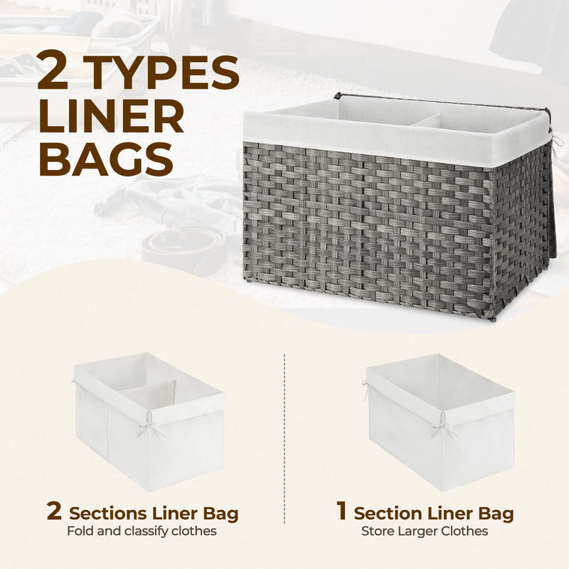 GREENSTELL Storage Basket with Lid, 42.3 Gallon(160L) Lagre Wicker Blanket Storage Basket with Handles, Foldable, 2 Removable Liner Bags, Metal Frame, for Bedroom, Laundry Room, Grey,30"*18.1"*18.1"