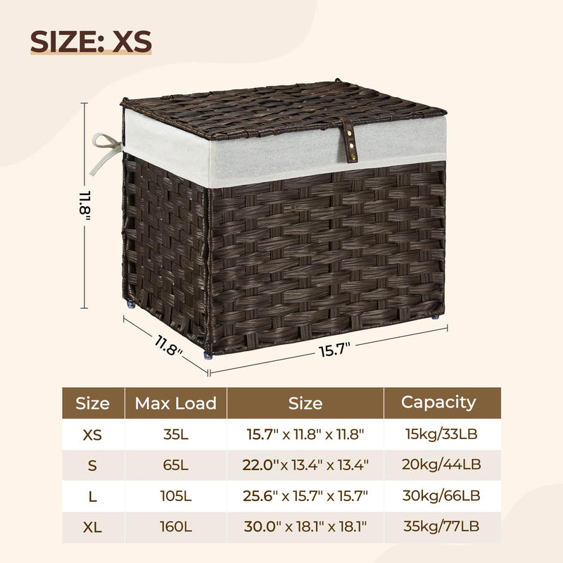 GREENSTELL Storage Basket with Lid, 9.2 Gallon(35L) Small Wicker Storage Basket with Handles, Foldable, 2 Removable Liner Bags, Metal Frame, for Bedroom, Laundry Room, Brown,15.7"*11.8"*11.8"