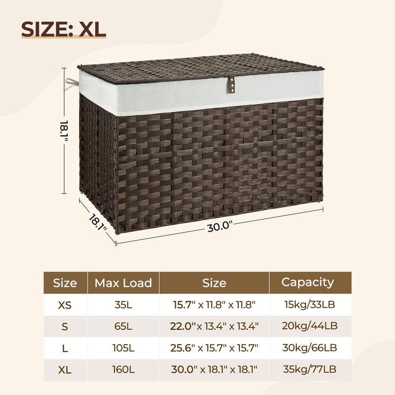GREENSTELL Storage Basket with Lid, 42.3 Gallon(160L) Lagre Wicker Blanket Storage Basket with Handles, Foldable, 2 Removable Liner Bags, Metal Frame, for Bedroom, Laundry Room, Brown,30"*18.1"*18.1"