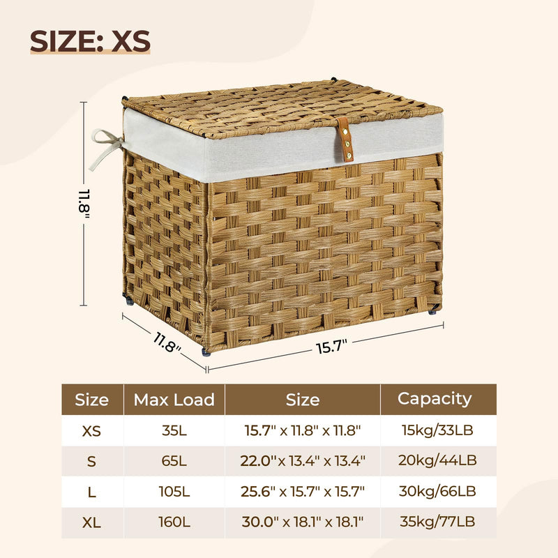 GREENSTELL Storage Basket with Lid, 9.2 Gallon(35L) Small Wicker Storage Basket with Handles, Foldable, 2 Removable Liner Bags, Metal Frame, for Bedroom, Laundry Room, Natural,15.7"*11.8"*11.8"