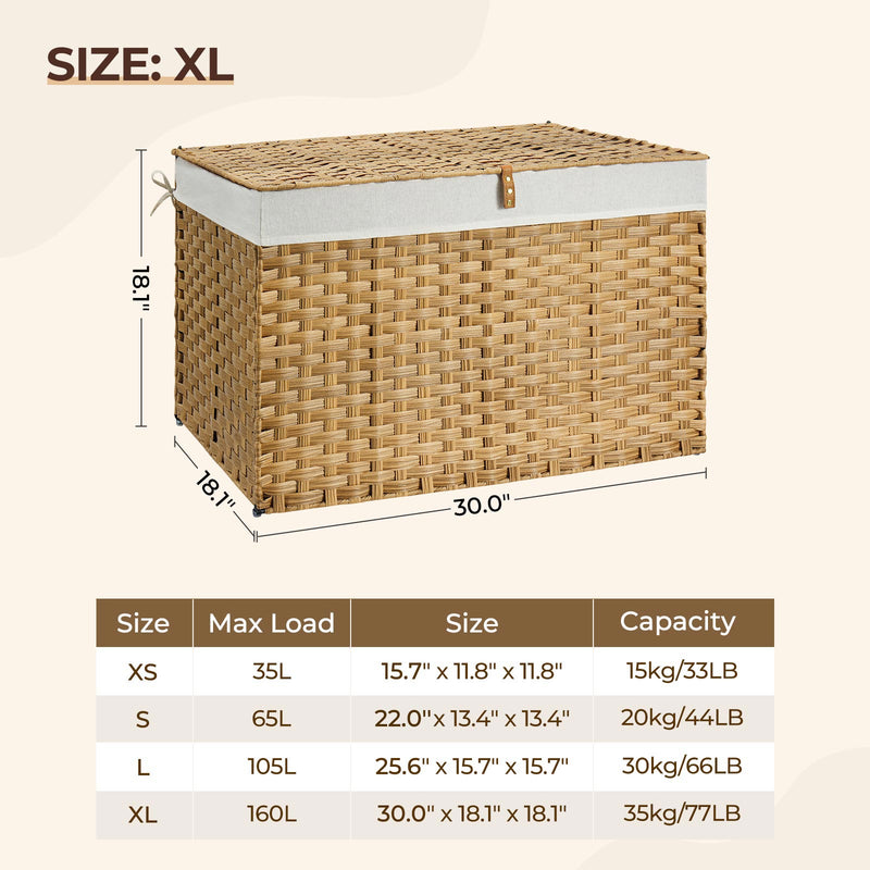 GREENSTELL Storage Basket with Lid, 42.3 Gallon(160L) Lagre Wicker Blanket Storage Basket with Handles, Foldable, 2 Removable Liner Bags, Metal Frame, for Bedroom, Laundry Room, Natural, 30"*18.1"*18.1"