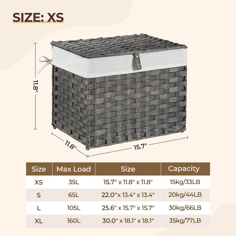 GREENSTELL Storage Basket with Lid, 9.2 Gallon(35L) Small Wicker Storage Basket with Handles, Foldable, 2 Removable Liner Bags, Metal Frame, for Bedroom, Laundry Room, Grey,15.7"*11.8"*11.8"