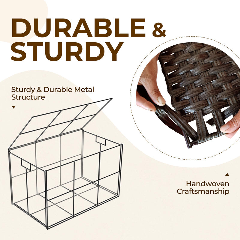 GREENSTELL Storage Basket with Lid, 9.2 Gallon(35L) Small Wicker Storage Basket with Handles, Foldable, 2 Removable Liner Bags, Metal Frame, for Bedroom, Laundry Room, Brown,15.7"*11.8"*11.8"