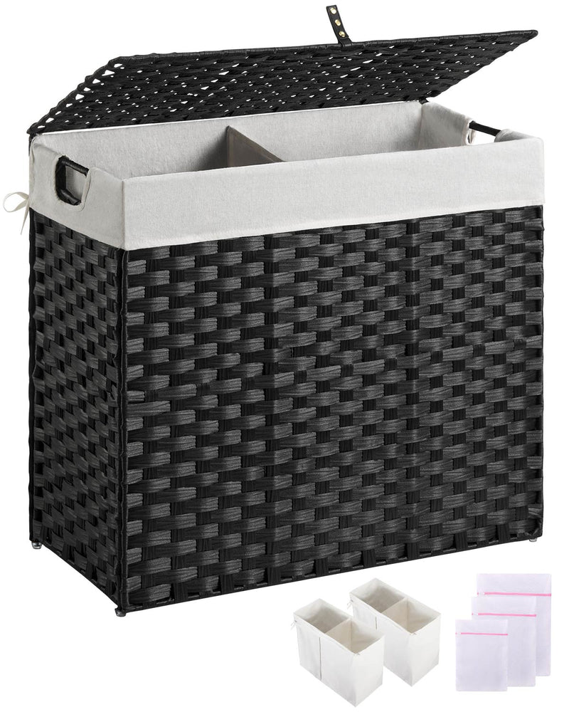 Greenstell Laundry Hamper with lid, No Install Needed, 130L Wicker Laundry Baskets Foldable 2 Removable Liner Bags, 2 Section Clothes Hamper Handwoven Rattan Laundry Basket with Handles, Natural