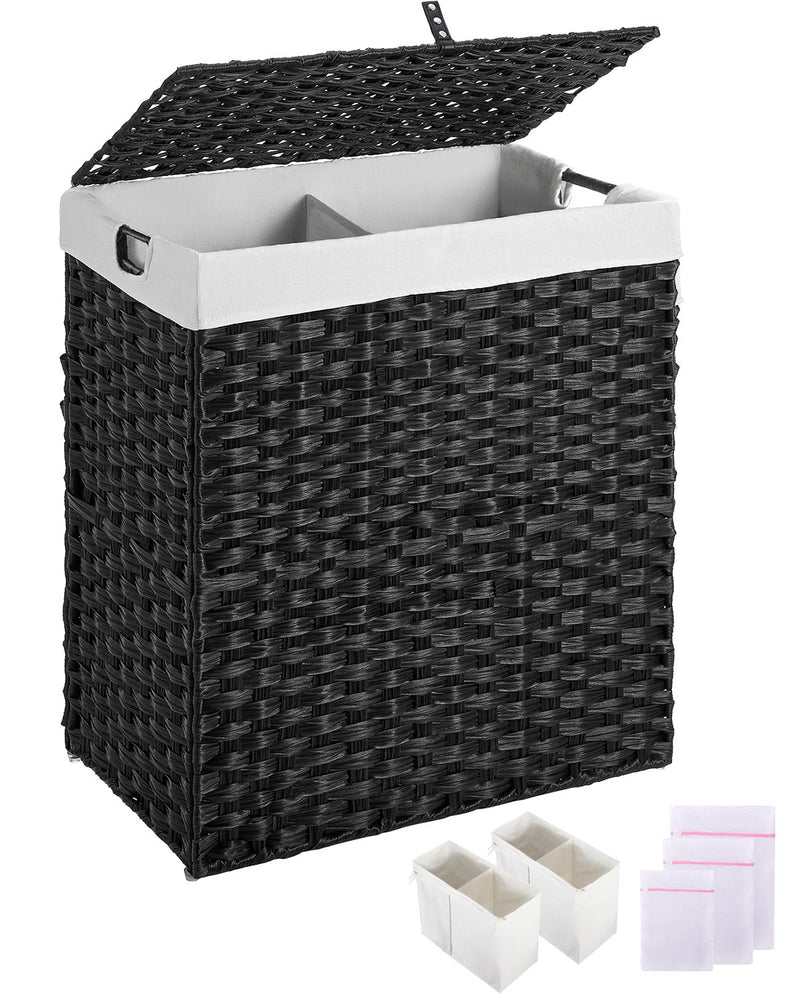 Greenstell Laundry Hamper with lid, No Install Needed, 110L Wicker Laundry Baskets Foldable 2 Removable Liner Bags, 2 Section Clothes Hamper Handwoven Rattan Laundry Basket with Handle, Black