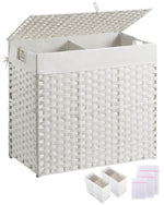 Greenstell Laundry Hamper with lid, No Install Needed, 130L Wicker Laundry Baskets Foldable 2 Removable Liner Bags, 2 Section Clothes Hamper Handwoven Rattan Laundry Basket with Handles, Natural