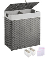 Greenstell Laundry Hamper with lid, No Install Needed, 110L Wicker Laundry Baskets Foldable 2 Removable Liner Bags, 2 Section Clothes Hamper Handwoven Rattan Laundry Basket with Handle, Black