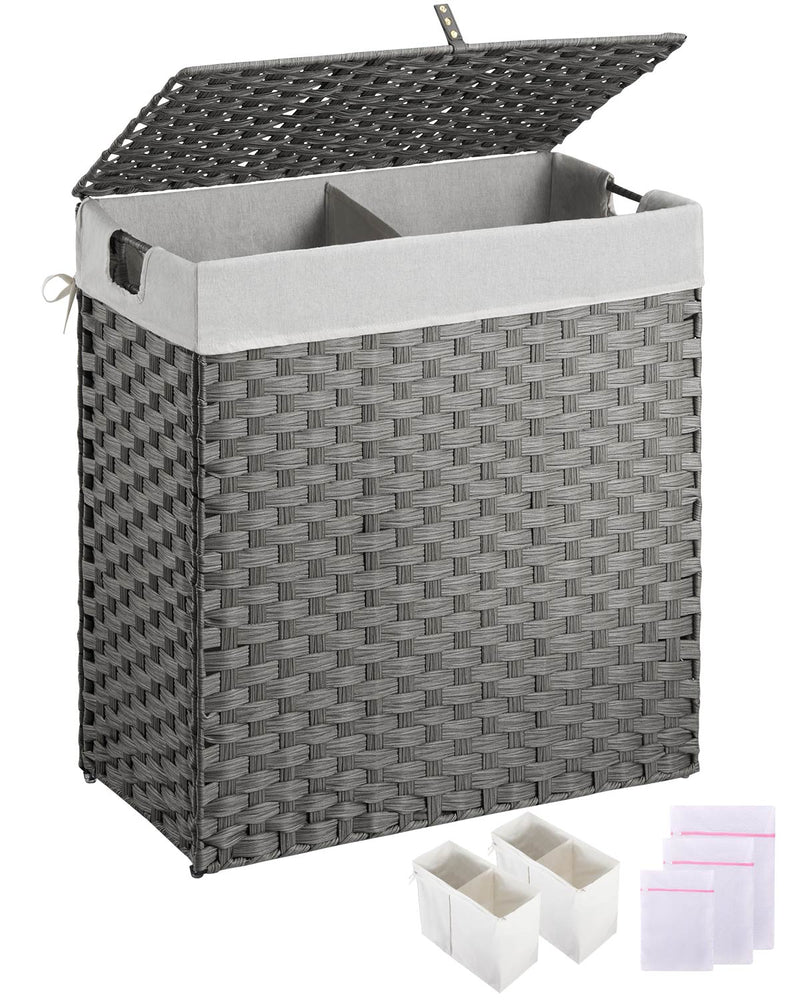 Greenstell Laundry Hamper with lid, No Install Needed, 110L Wicker Laundry Baskets Foldable 2 Removable Liner Bags, 2 Section Clothes Hamper Handwoven Rattan Laundry Basket with Handle, Black