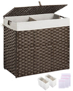 Greenstell Laundry Hamper with lid, No Install Needed, 130L Wicker Laundry Baskets Foldable 2 Removable Liner Bags, 2 Section Clothes Hamper Handwoven Rattan Laundry Basket with Handles, Natural