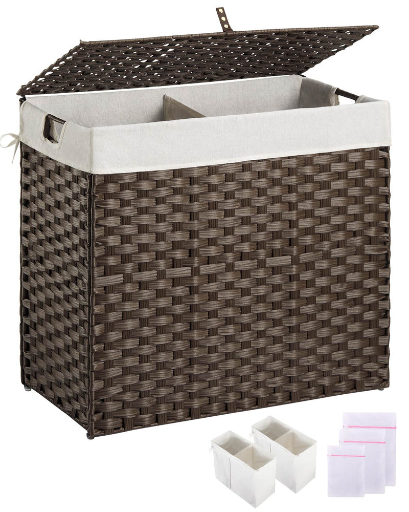 Greenstell Laundry Hamper with lid, No Install Needed, 130L Wicker Laundry Baskets Foldable 2 Removable Liner Bags, 2 Section Clothes Hamper Handwoven Rattan Laundry Basket with Handles, Natural