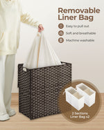 Greenstell Laundry Hamper with lid, No Install Needed, 110L Wicker Laundry Baskets Foldable 2 Removable Liner Bags, 2 Section Clothes Hamper Handwoven Rattan Laundry Basket with Handle, Black